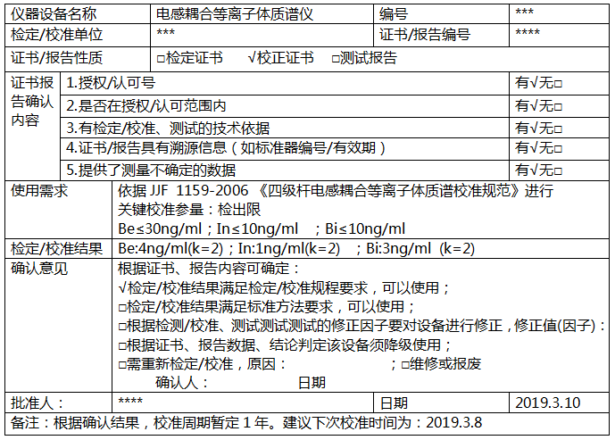 电感耦合等离子体质谱仪校准确认记录 电感耦合等离子体质谱仪校准确认记录