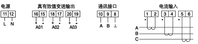 YR-BS4I3三相电流变送器接线图 YR-BS4I3三相电流变送器接线图
