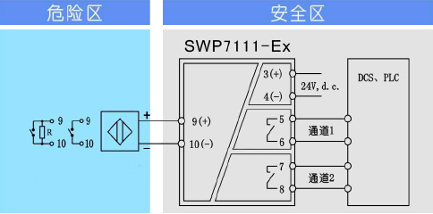 一进二出开关量输入隔离安全栅SWP7111-EX接线图 一进二出开关量输入隔离安全栅SWP7111-EX接线图