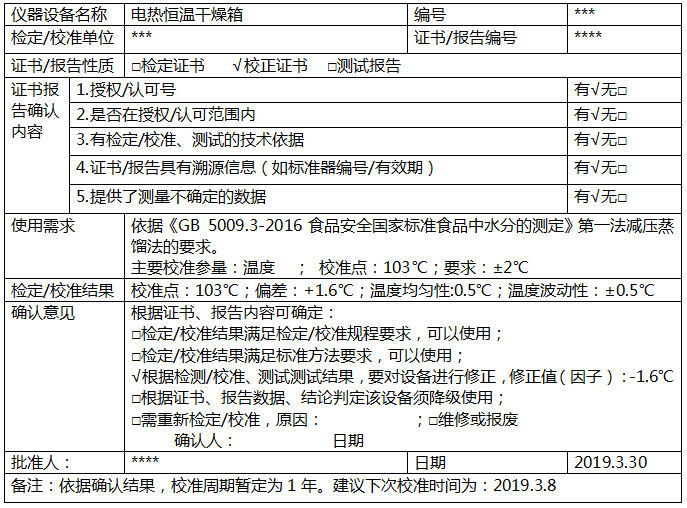 电热恒温干燥箱校准确认记录 电热恒温干燥箱校准确认记录